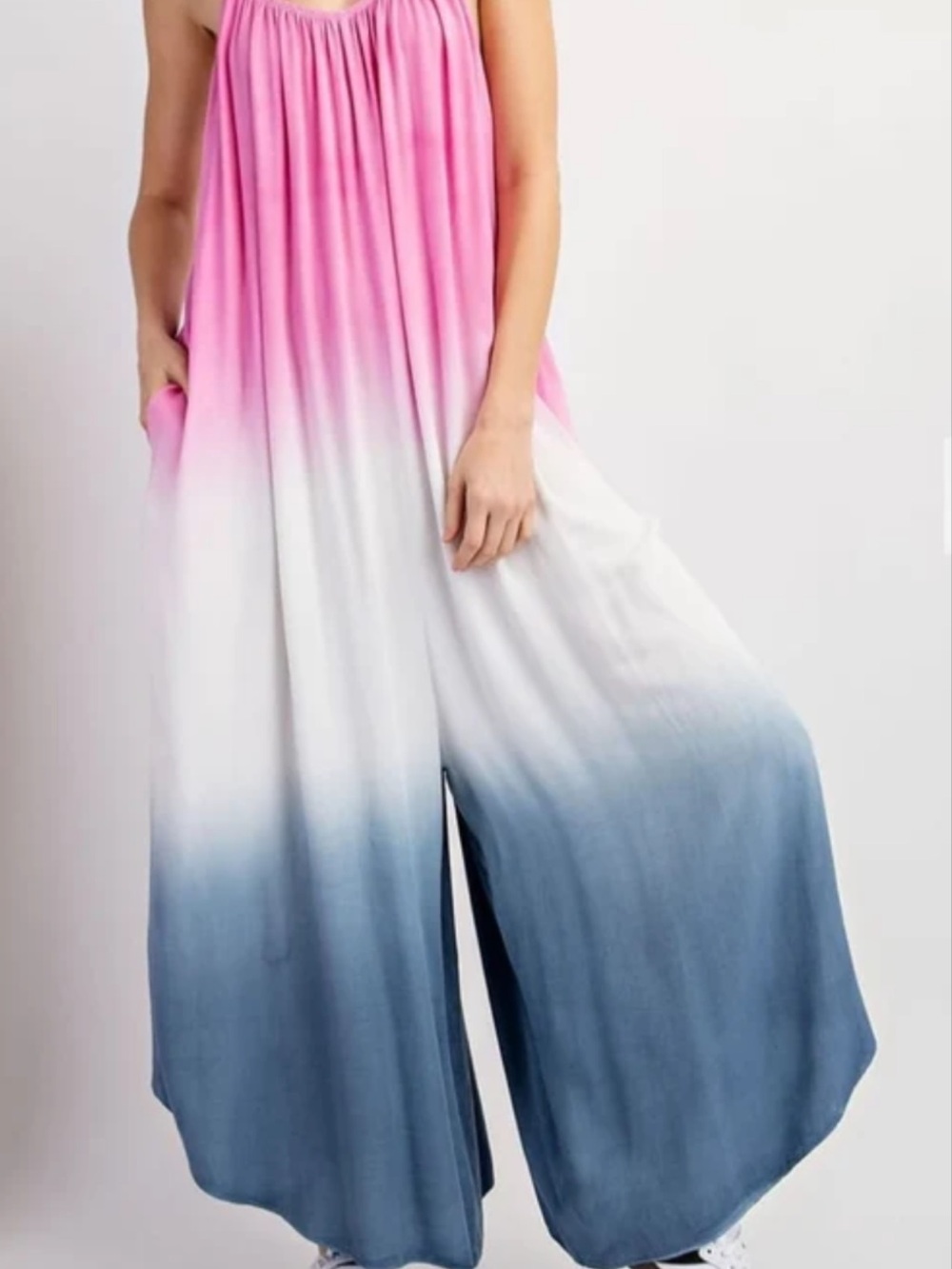 hem and thread Sleeveless Ombre Wide-Leg Jumpsuit in orange White & Blue size m